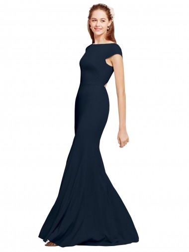 Discount Open Back Boat Neck Stretch Crepe Dark Navy Long Sexy Evening Dress UK