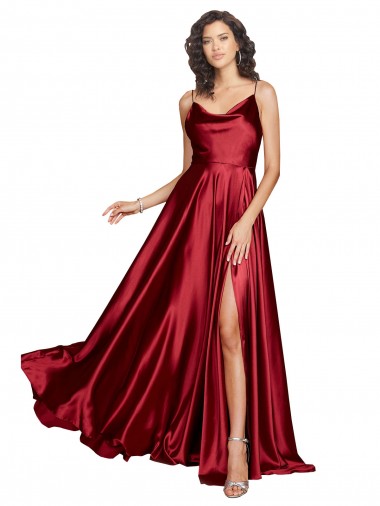 Discount Low Back Spaghetti Straps Silky Satin Burgundy Long Sexy Evening Dress UK
