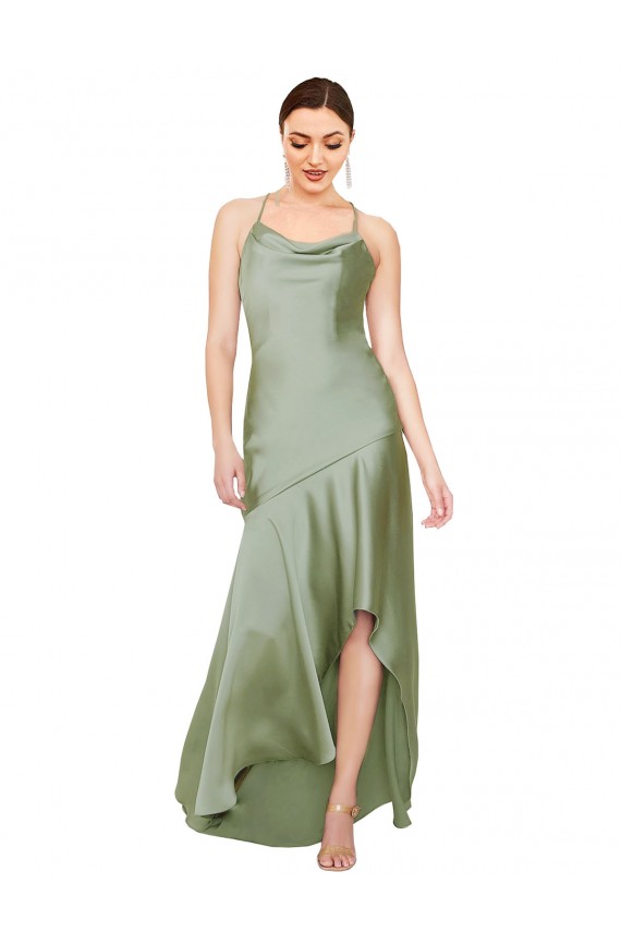 Discount Open Back Cowl Neck Silky Satin Smoke Green Long Evening Dress UK