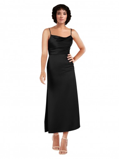 Discount Spaghetti Straps Silky Satin Black Tea Length Wedding Party Dress UK
