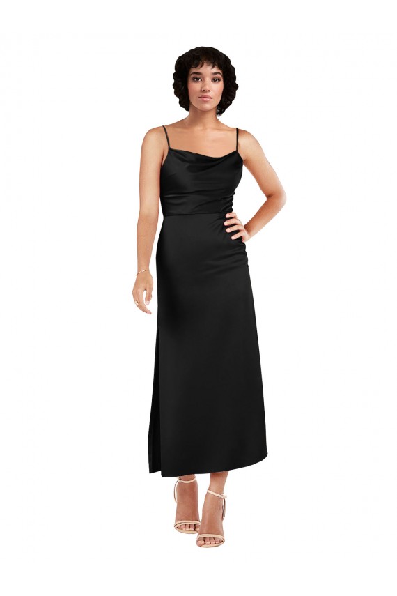 Discount Spaghetti Straps Silky Satin Black Tea Length Wedding Party Dress UK