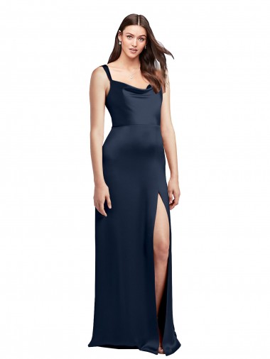 Discount Low Back Cowl Neck Stretch Satin Dark Navy Long Evening Dress UK