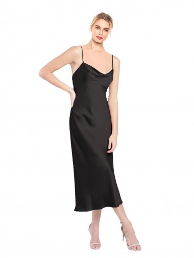 Discount Low Back Spaghetti Straps Stretch Satin Black Midi Length Evening Dress UK