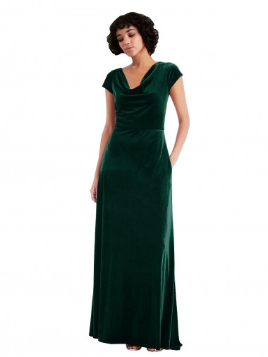 Discount Cowl Neck Stretch Velvet Dark Green Long Maxi Evening Dress UK