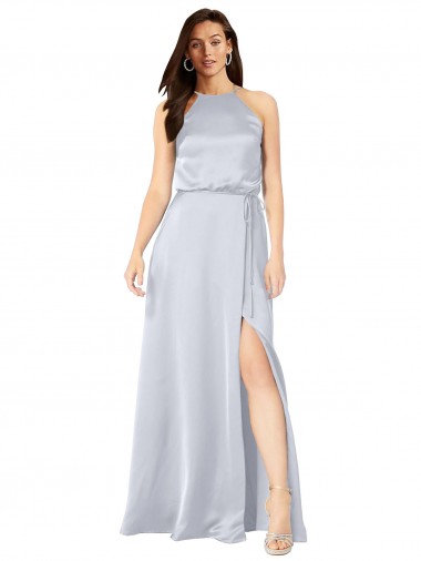 Discount Open Back Halter Neck Silky Satin Fog Long Evening Dress UK