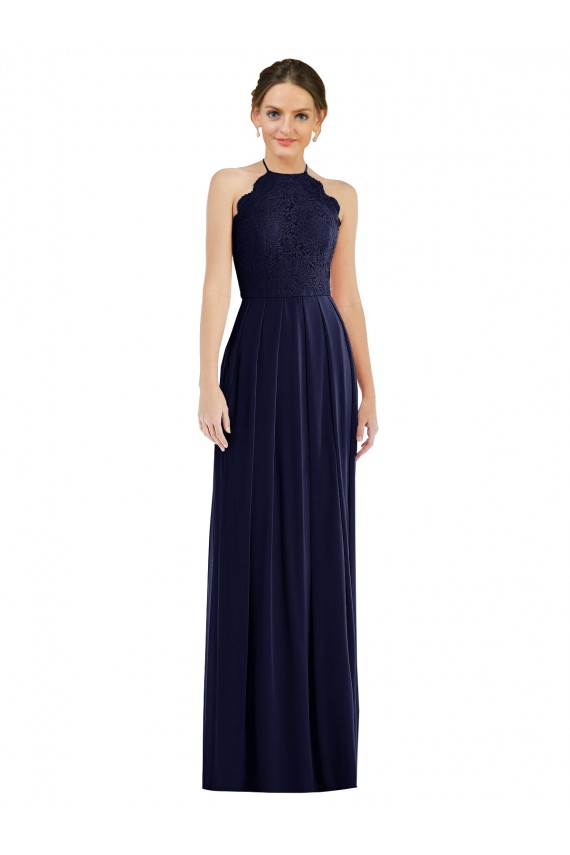 Discount Open Back Halter Neck Soft Chiffon Dark Navy Long Maxi Evening Dress UK