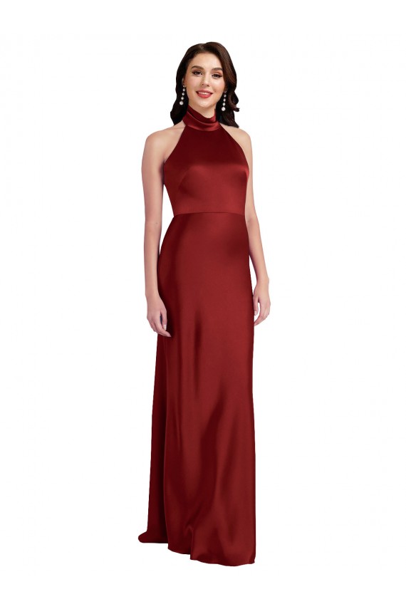 Discount Open Back Halter Neck Stretch Satin Burgundy Long Evening Dress UK