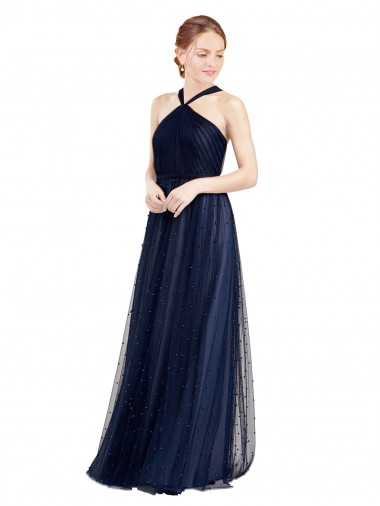 Discount Halter Neck Tulle Navy Blue Long Semi Formal Evening Dress UK