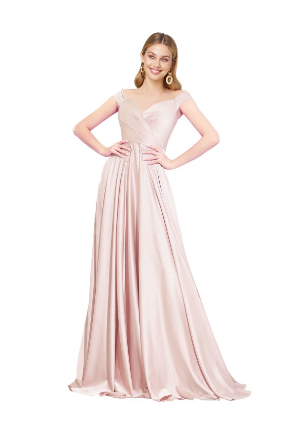 Discount Off the Shoulder Satin Pink Long Evening Dresses UK