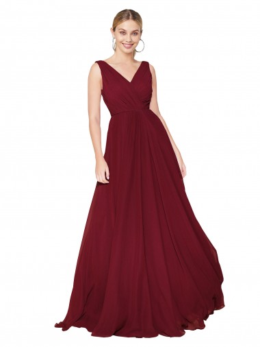 Discount V-Back V-Neck Soft Chiffon Burgundy Long Bridal Party Dress UK