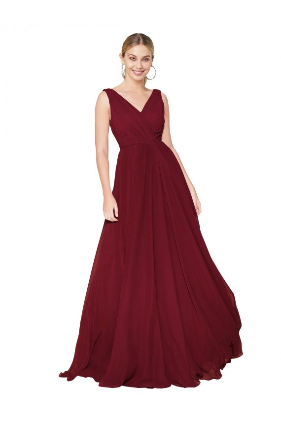 Discount V-Back V-Neck Soft Chiffon Burgundy Long Bridal Party Dress UK
