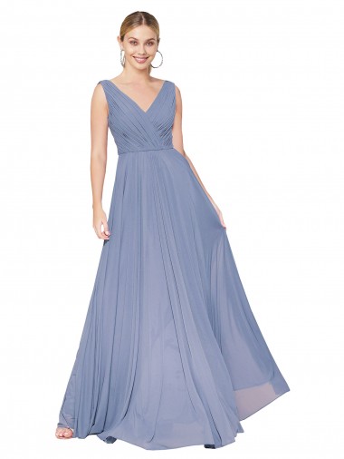 Discount V-Back V-Neck Soft Chiffon Dusty Blue Long Wedding Guest Dress UK
