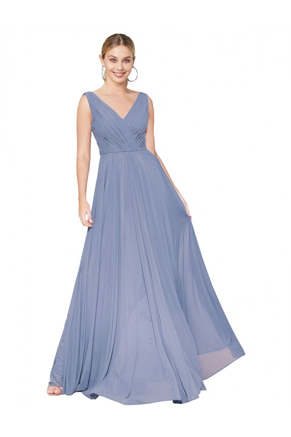 Discount V-Back V-Neck Soft Chiffon Dusty Blue Long Wedding Guest Dress UK