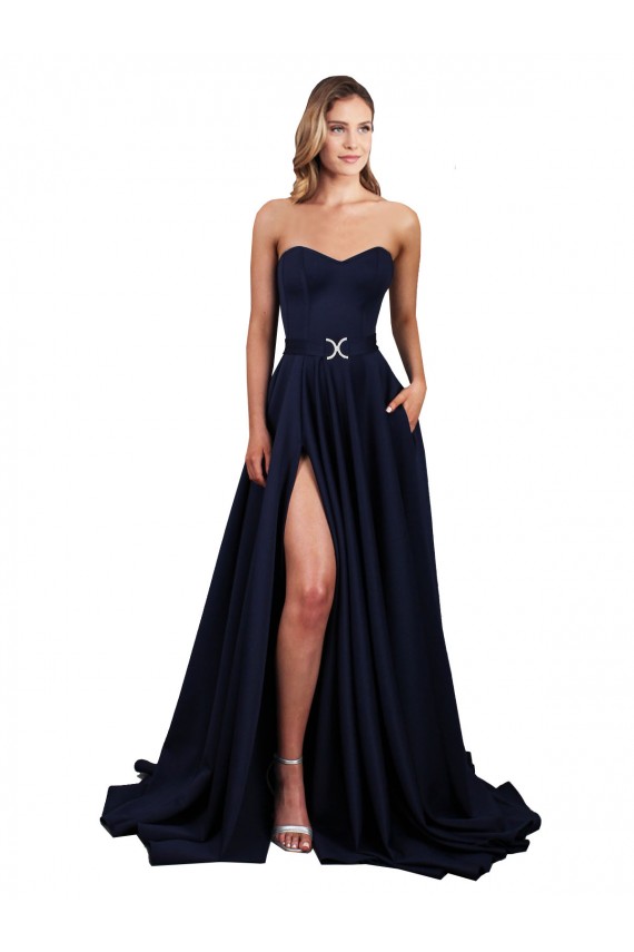 Discount Low Back Sweetheart Stretch Crepe Dark Navy Long Evening Dress UK
