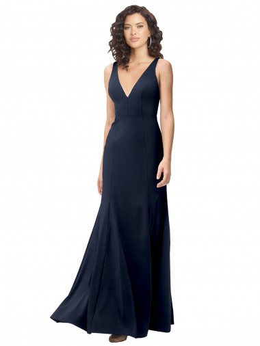 Discount V-Back V-Neck Stretch Crepe Dark Navy Long Evening Dress UK