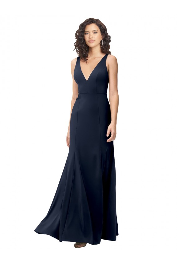 Discount V-Back V-Neck Stretch Crepe Dark Navy Long Evening Dress UK