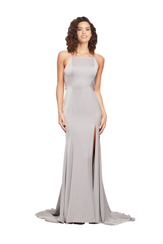 Discount Low Back High Neck Stretch Satin Sweep Train Evening Dresses UK