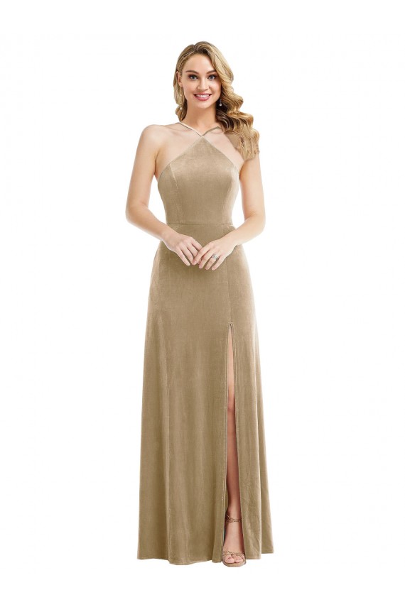 Discount Open Back Halter Neck Stretch Velvet Champagne Long Maxi Evening Dress UK