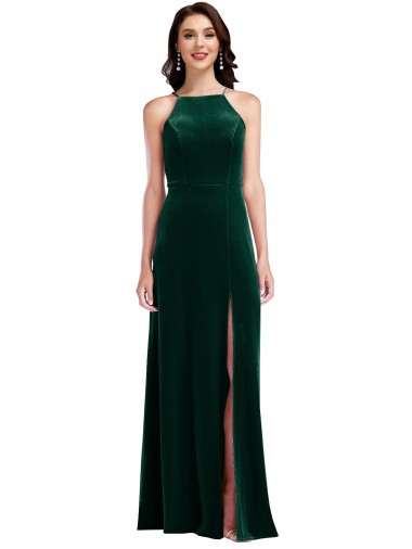 Discount Halter Neck Stretch Velvet Dark Green Long Maxi Evening Dress UK