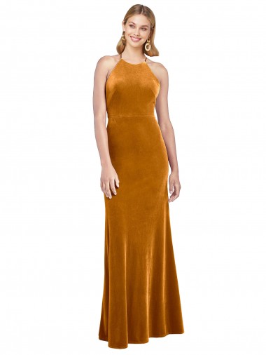 Discount Open Back Halter Neck Stretch Velvet Gold Long Evening Dress UK