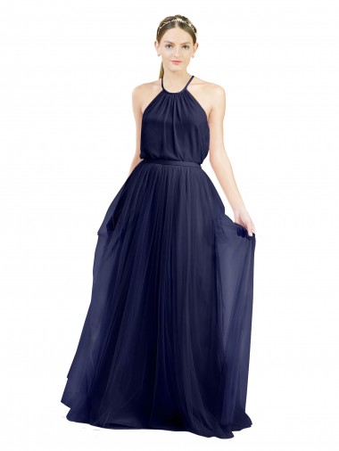 Discount Halter Neck Tulle Navy Blue Long Semi Formal Bridal Party Dress UK