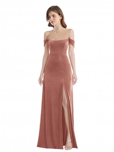 Discount Off the Shoulder Stretch Velvet Cinnamon Rose Long Maxi Evening Dress UK