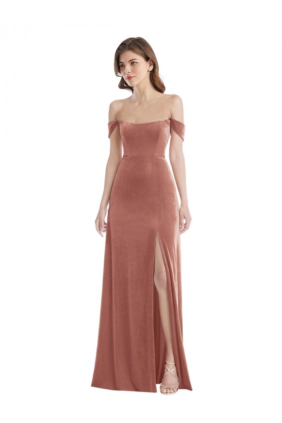 Discount Off the Shoulder Stretch Velvet Cinnamon Rose Long Maxi Evening Dress UK