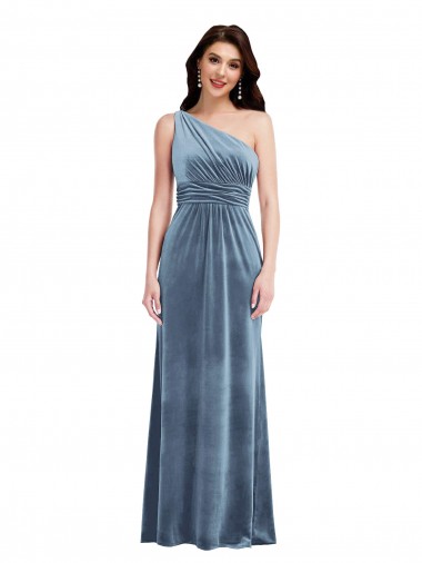 Discount Off the Shoulder Stretch Velvet Dusty Blue Long Maxi Wedding Party Dress UK