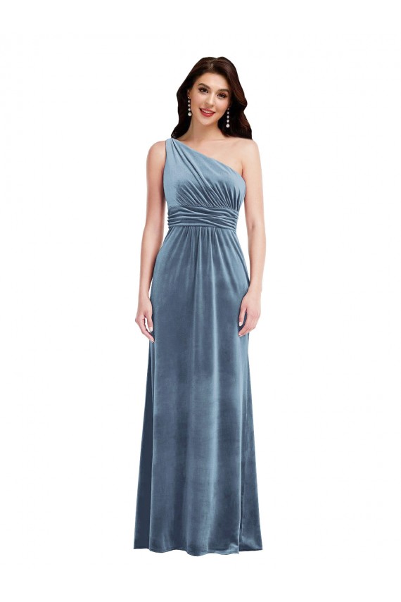 Discount Off the Shoulder Stretch Velvet Dusty Blue Long Maxi Wedding Party Dress UK