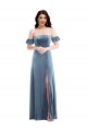 Discount Low Back Off the Shoulder Stretch Velvet Dusty Blue Long Semi Formal Evening Dress UK