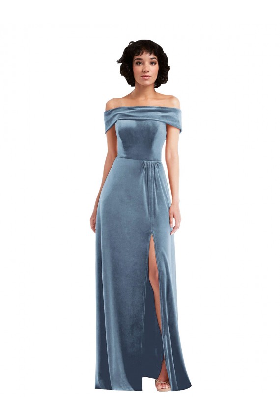Discount Off the Shoulder Stretch Velvet Dusty Blue Long Maxi Evening Dress UK