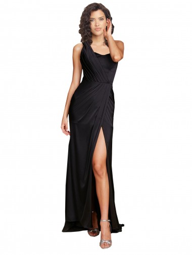Discount One Shoulder Silky Satin Black Sleeveless Long Sexy Evening Dress UK