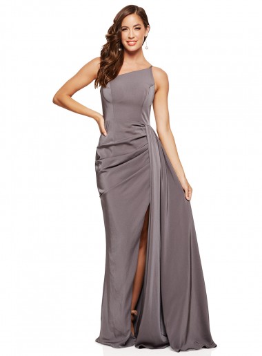 Discount One Shoulder Silky Satin Slate Grey Long Evening Dress UK
