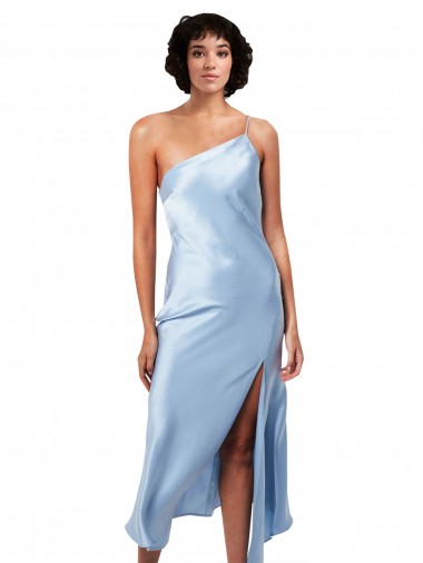 Discount One Shoulder Silky Satin Light Sky Blue Midi Length Evening Dress UK