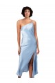 Discount One Shoulder Silky Satin Light Sky Blue Midi Length Evening Dress UK