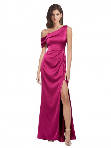 Discount One Shoulder Stretch Satin Fuchsia Long Evening Dress UK