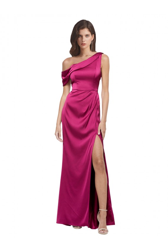 Discount One Shoulder Stretch Satin Fuchsia Long Evening Dress UK