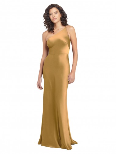 Discount One Shoulder Stretch Satin Gold Long Evening Dress UK