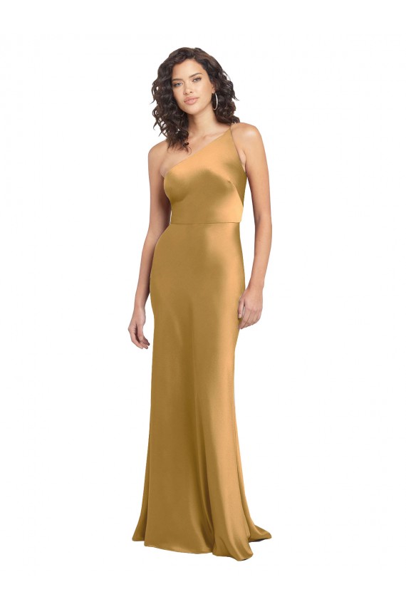 Discount One Shoulder Stretch Satin Gold Long Evening Dress UK