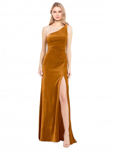 Discount One Shoulder Stretch Velvet Gold Long Evening Dress UK
