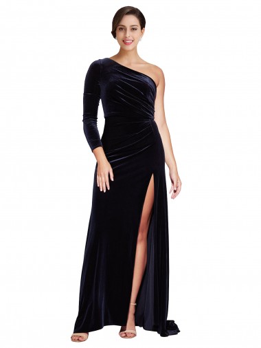 Discount One Shoulder Stretch Velvet Dark Navy Sweep Train Evening Dress UK