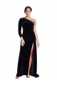 Discount One Shoulder Stretch Velvet Dark Navy Sweep Train Evening Dress UK