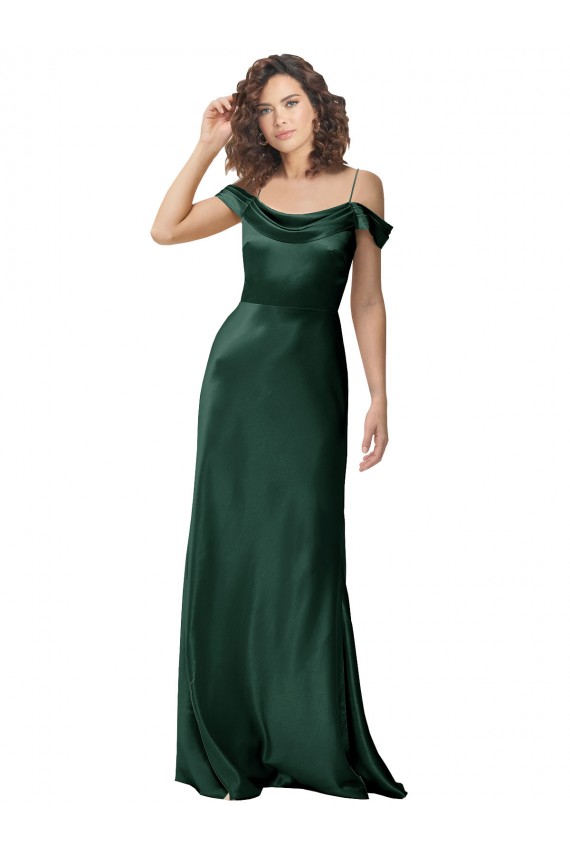 Discount V-Back Off the Shoulder Stretch Satin Hunter Long Evening Dress UK
