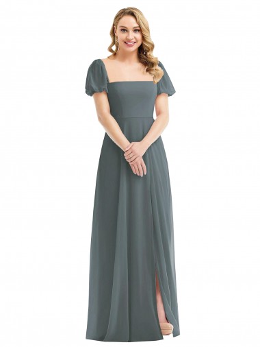 Discount Square Neck Soft Chiffon Slate Grey Long Maxi Evening Dress UK