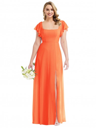 Discount Open Back Square Neck Soft Chiffon Tangerine Tango Long Maxi Evening Dress UK