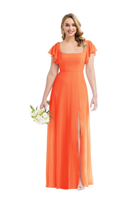 Discount Open Back Square Neck Soft Chiffon Tangerine Tango Long Maxi Evening Dress UK