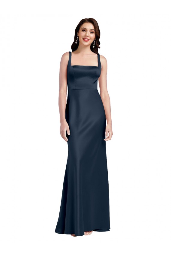 Discount Low Back Square Neck Stretch Satin Dark Navy Long Bridal Party Dress UK