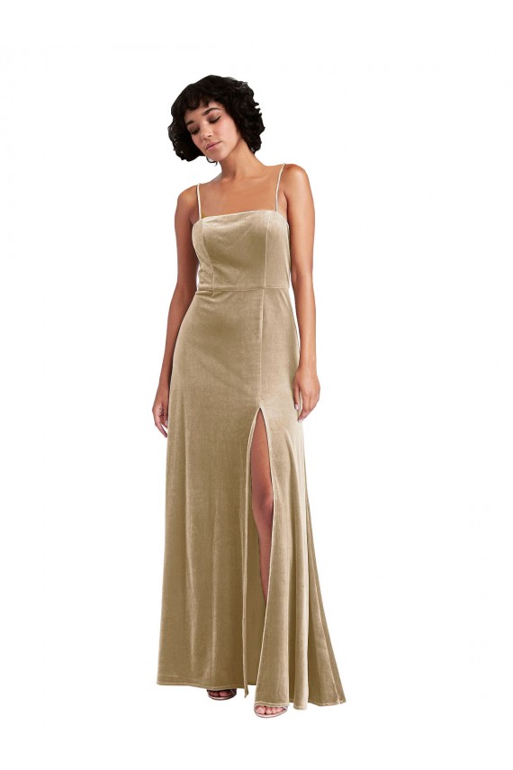 Discount Low Back Square Neck Stretch Velvet Champagne Long Maxi Evening Dress UK