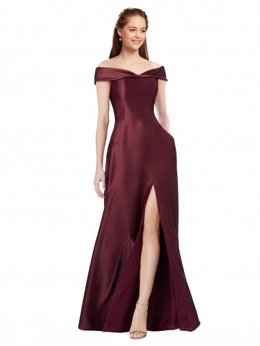 Discount Off the Shoulder Satin Burgundy Gold Long Evening Dress UK