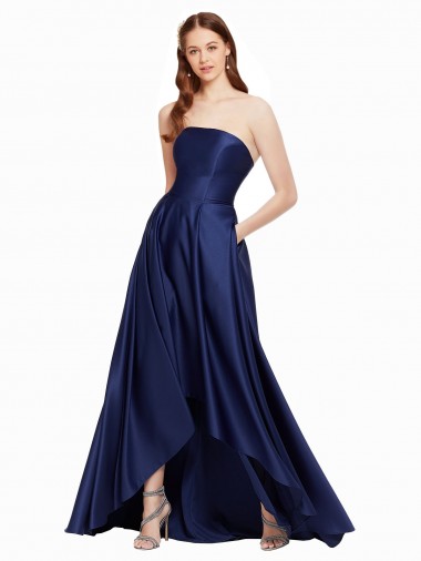 Discount Low Back Strapless Satin Dark Navy Long Evening Dresses UK